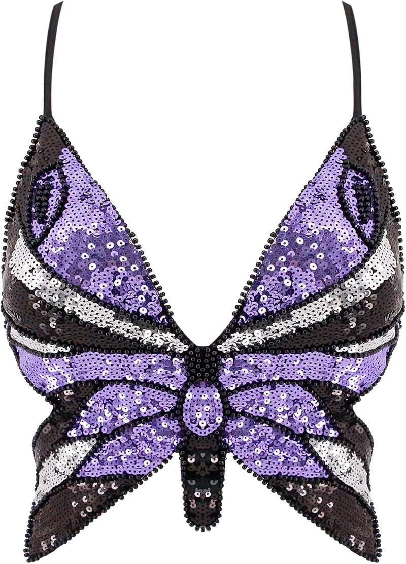 Mocure Womens Glitter Sequin Butterfly Crop Top Low-Cut Tank Top Rave Tube Vest Top for Belly Dance Costume Outfits - Image 1